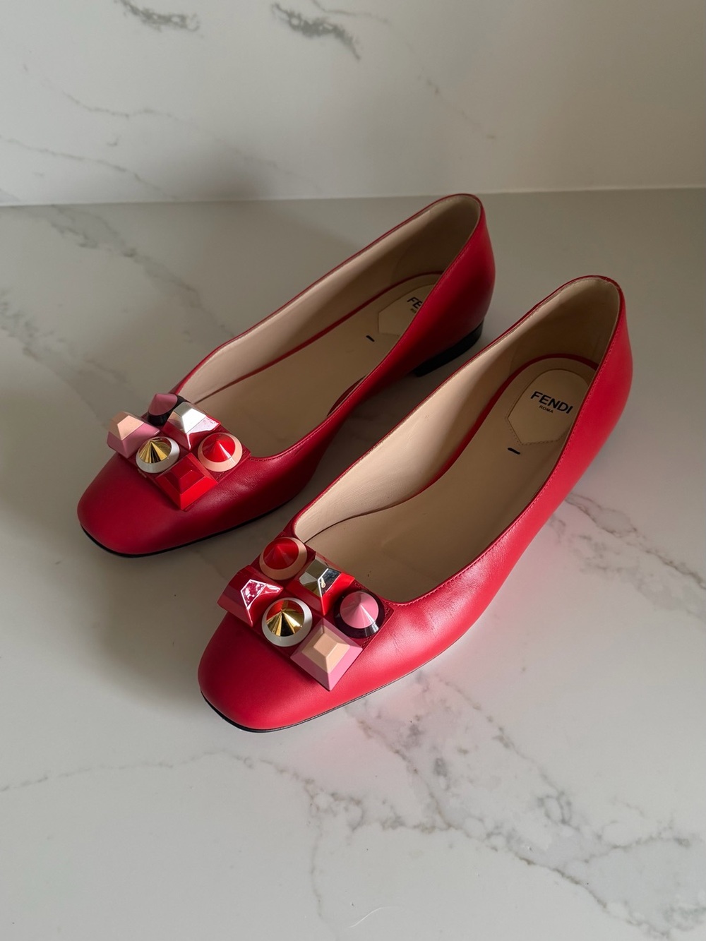 Fendi Red Leather Embellished Ballet Flats